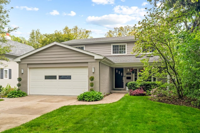 1101 Oak St, Winnetka, IL 60093 - view of front of house featuring an attached garage, driveway, brick siding, a front lawn, and roof with shingles