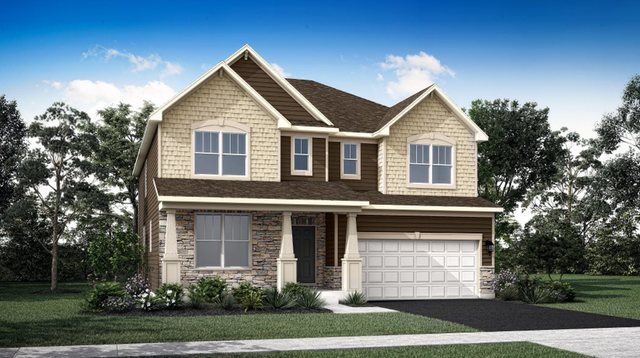 213 Rhinebeck Way, Algonquin, IL 60102 - craftsman-style home with an attached garage, asphalt driveway, a front lawn, and stone siding