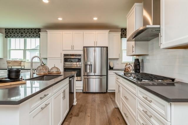 213 Rhinebeck Way, Algonquin, IL 60102 - kitchen with appliances with stainless steel finishes, wall chimney exhaust hood, a sink, dark countertops, and recessed lighting