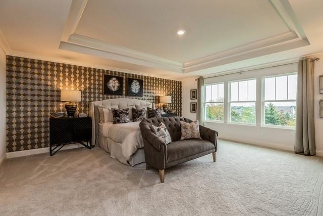 213 Rhinebeck Way, Algonquin, IL 60102 - bedroom with a tray ceiling, crown molding, light colored carpet, and baseboards
