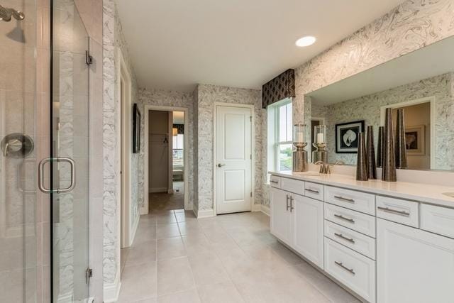 213 Rhinebeck Way, Algonquin, IL 60102 - full bath with wallpapered walls, a stall shower, double vanity, tile patterned floors, and baseboards