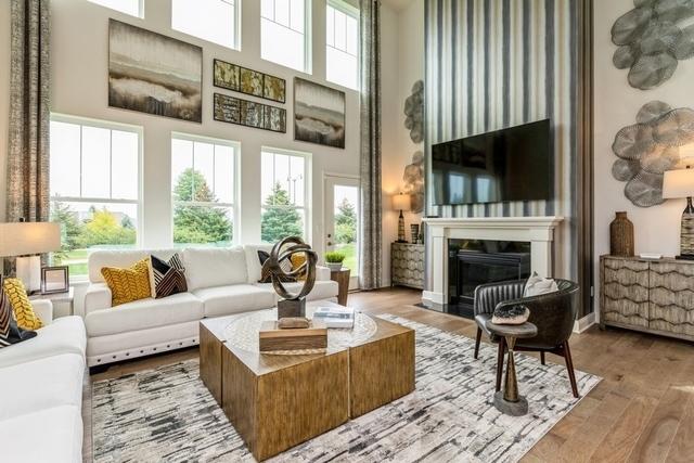 213 Rhinebeck Way, Algonquin, IL 60102 - living room with a towering ceiling, wood finished floors, a glass covered fireplace, and plenty of natural light