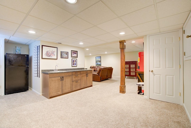 1056 Whirlaway Ave, Naperville, IL 60540 - indoor wet bar with freestanding refrigerator, light carpet, baseboards, a paneled ceiling, and recessed lighting