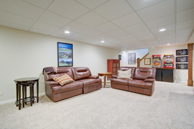 1056 Whirlaway Ave, Naperville, IL 60540 - carpeted living room featuring a paneled ceiling, recessed lighting, baseboards, and a bar