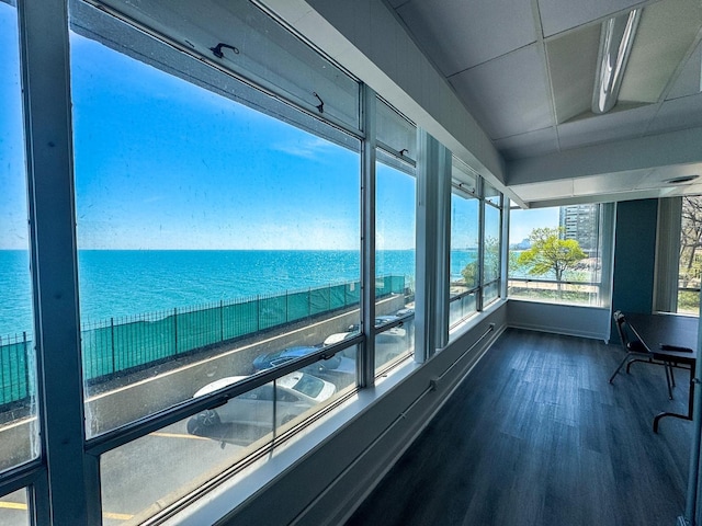 6301 N Sheridan Rd Unit 14E, Chicago, IL 60660 - unfurnished sunroom featuring wood finished floors, a water view, healthy amount of natural light, and baseboards
