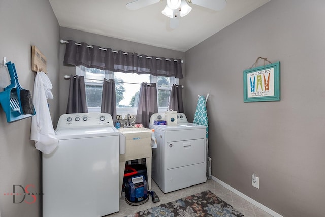 907 Parks Ln, Ottawa, IL 61350 - laundry room with independent washer and dryer, ceiling fan, baseboards, and light tile patterned flooring
