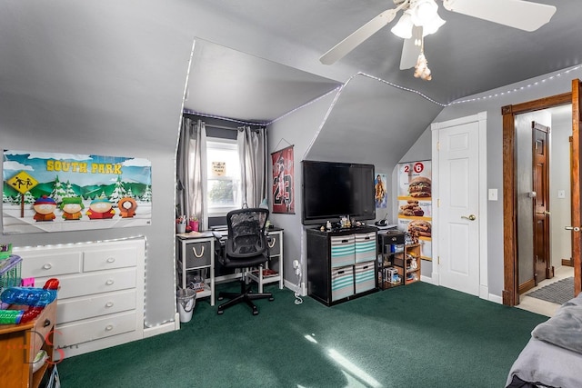 907 Parks Ln, Ottawa, IL 61350 - bedroom featuring carpet, vaulted ceiling, baseboards, ceiling fan, and an office area