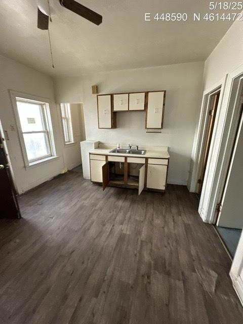 11739 S Indiana Ave, Chicago, IL 60628 - kitchen with dark wood finished floors, a sink, a ceiling fan, and white cabinetry