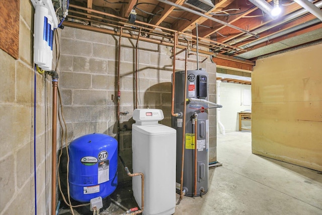 1651 Phillips Woods Ln, Urbana, IL 61802 - unfinished below grade area with a water pressure tank, hybrid water heater, a water softener system, and concrete block wall