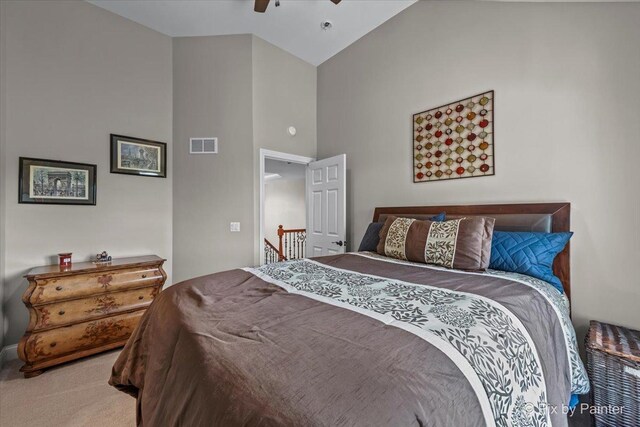 42W911 Jens Jensen Ln, Saint Charles, IL 60175 - carpeted bedroom featuring high vaulted ceiling and ceiling fan