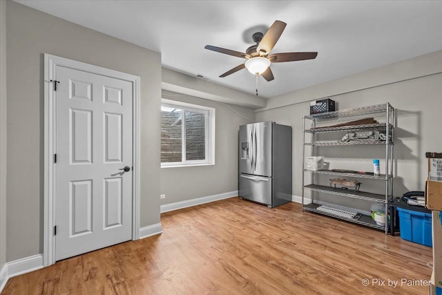 42W911 Jens Jensen Ln, Saint Charles, IL 60175 - kitchen featuring stainless steel fridge with ice dispenser, a ceiling fan, wood finished floors, and baseboards