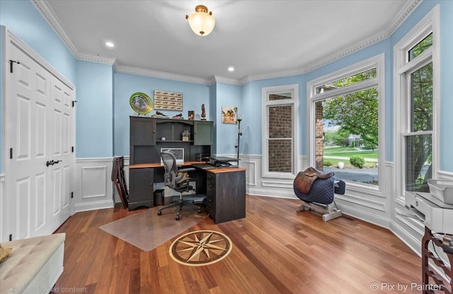 42W911 Jens Jensen Ln, Saint Charles, IL 60175 - office with wood finished floors, recessed lighting, ornamental molding, a decorative wall, and wainscoting
