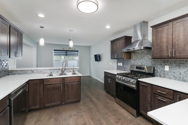 1406 Woodbine Rd Unit 1, Bloomington, IL 61704 - kitchen with stainless steel appliances, wall chimney exhaust hood, a sink, dark brown cabinetry, and light countertops