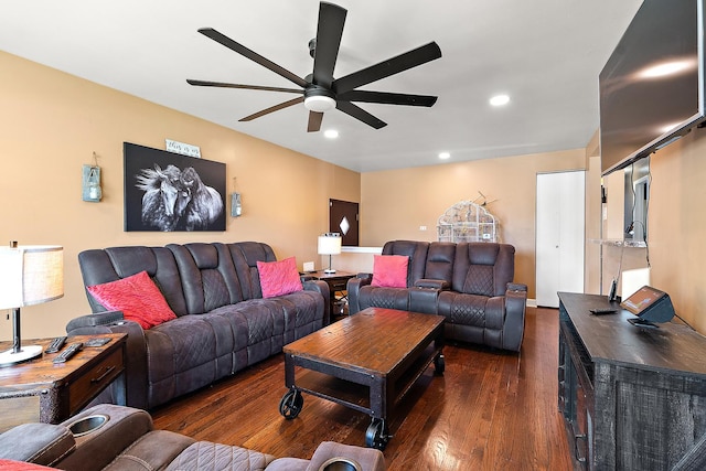 14828 Saint Louis Ave, Midlothian, IL 60445 - living area featuring a ceiling fan, dark wood-style flooring, and recessed lighting