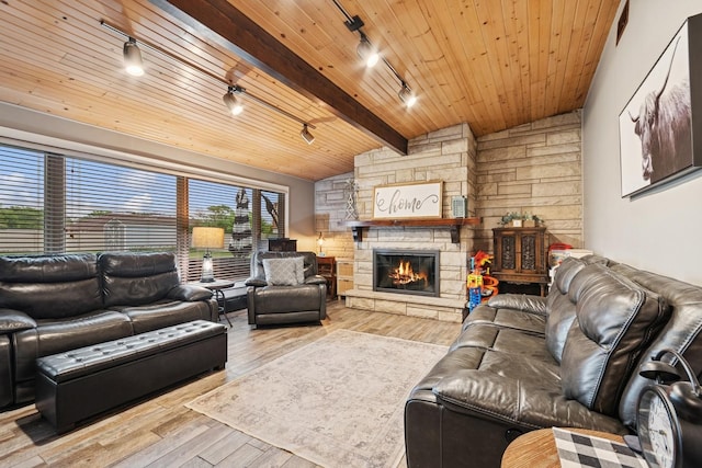 912 Murphy Dr, Joliet, IL 60435 - living room with track lighting, hardwood / wood-style floors, wooden ceiling, and a fireplace