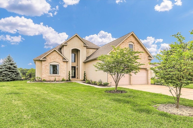 3 Doane Dr, Mansfield, IL 61854 - traditional-style house featuring concrete driveway, a front yard, a shingled roof, and brick siding