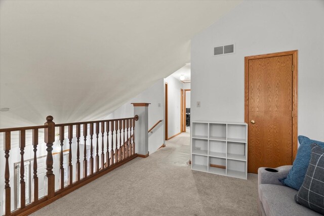 1412 Root St, Crest Hill, IL 60403 - corridor featuring carpet floors, lofted ceiling, and an upstairs landing