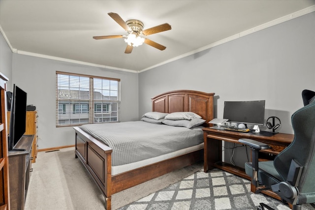 1412 Root St, Crest Hill, IL 60403 - bedroom featuring ornamental molding, baseboards, an office area, a ceiling fan, and light colored carpet
