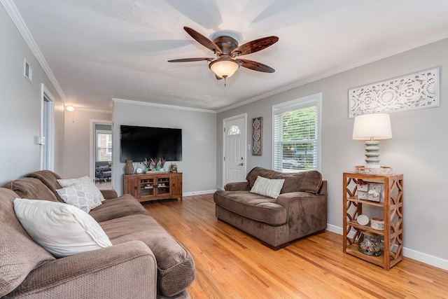 9532 Lexington Ave, Brookfield, IL 60513 - living area featuring light wood-type flooring, ceiling fan, ornamental molding, and baseboards
