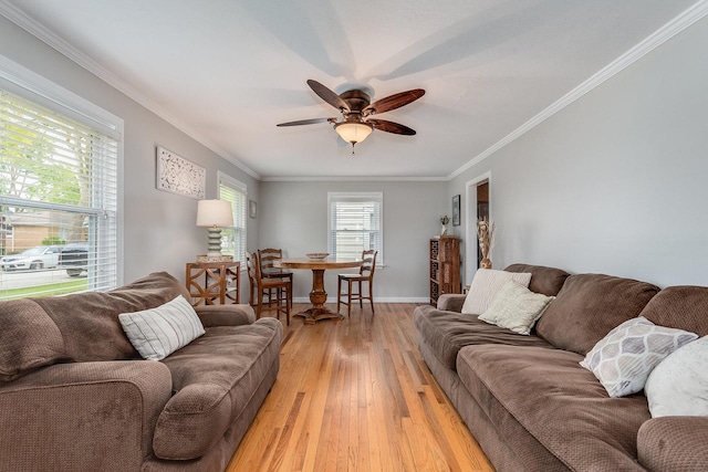 9532 Lexington Ave, Brookfield, IL 60513 - living room featuring light wood-style flooring, ceiling fan, crown molding, and baseboards