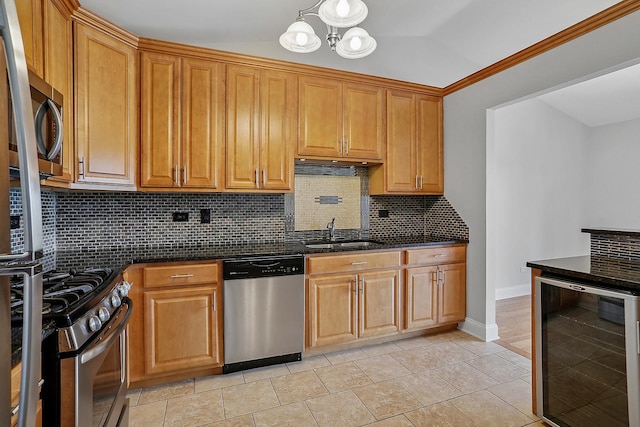 11114 Heritage Dr Unit 3C, Palos Hills, IL 60465 - kitchen featuring stainless steel appliances, wine cooler, a sink, tasteful backsplash, and dark stone counters