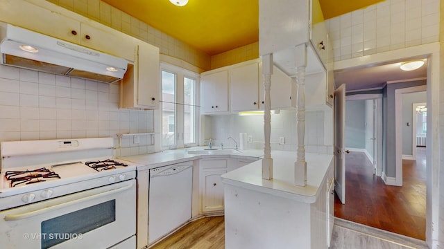 7832 S Paxton Ave, Chicago, IL 60649 - kitchen featuring white appliances, light wood-type flooring, under cabinet range hood, light countertops, and white cabinets