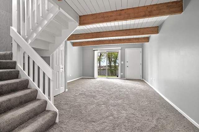 126 Cora Ave Unit D, Fox Lake, IL 60020 - carpeted foyer with stairs, baseboards, and wooden ceiling with exposed beams