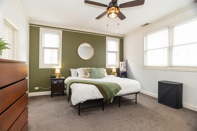 4541 N Malden St Unit 3N, Chicago, IL 60640 - carpeted bedroom with crown molding, baseboards, and ceiling fan