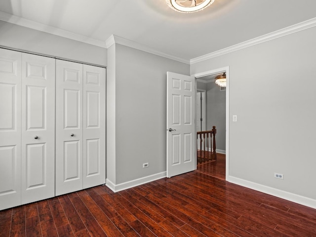 1520 Fordham Ct, Naperville, IL 60565 - unfurnished bedroom featuring ornamental molding, baseboards, wood finished floors, and a closet