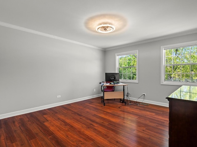 1520 Fordham Ct, Naperville, IL 60565 - home office featuring ornamental molding, healthy amount of natural light, baseboards, and dark wood-type flooring