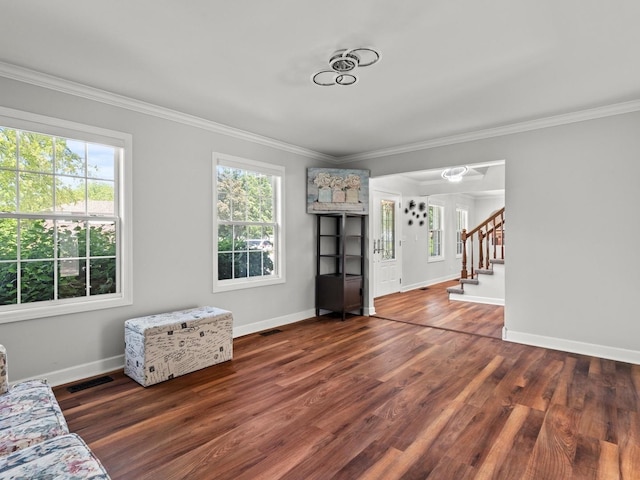 1520 Fordham Ct, Naperville, IL 60565 - unfurnished living room featuring ornamental molding, healthy amount of natural light, baseboards, and stairs