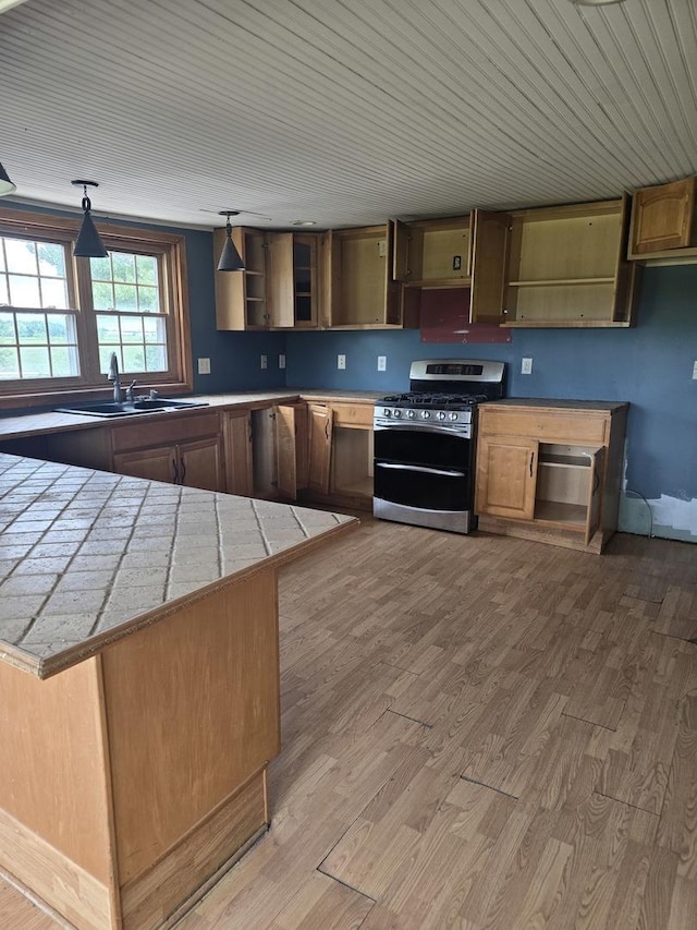 1350 N 2950 E Rd, Leroy, IL 61752 - kitchen featuring gas range, open shelves, a sink, light wood-style floors, and light countertops