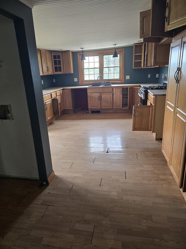 1350 N 2950 E Rd, Leroy, IL 61752 - kitchen with a sink, light wood-style floors, brown cabinetry, and glass insert cabinets