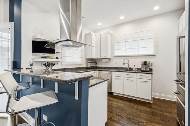 7223 N Hamilton Ave Unit A, Chicago, IL 60645 - kitchen featuring a sink, stainless steel dishwasher, island range hood, a peninsula, and dark wood-style flooring