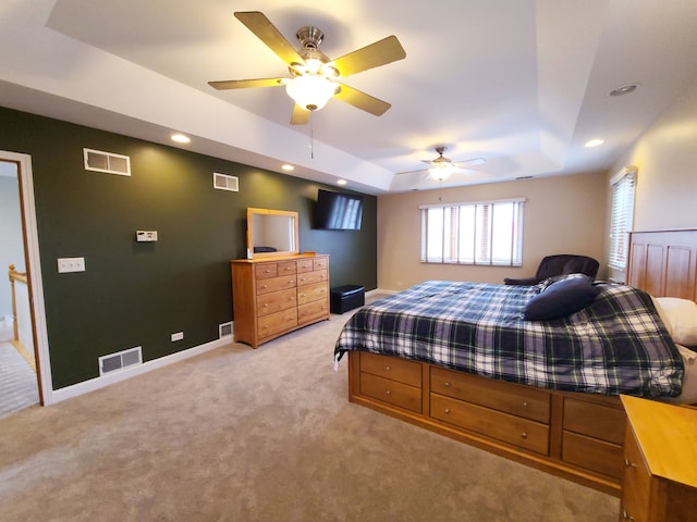 5831 W 109th St, Chicago Ridge, IL 60415 - bedroom featuring a tray ceiling, light carpet, baseboards, recessed lighting, and ceiling fan