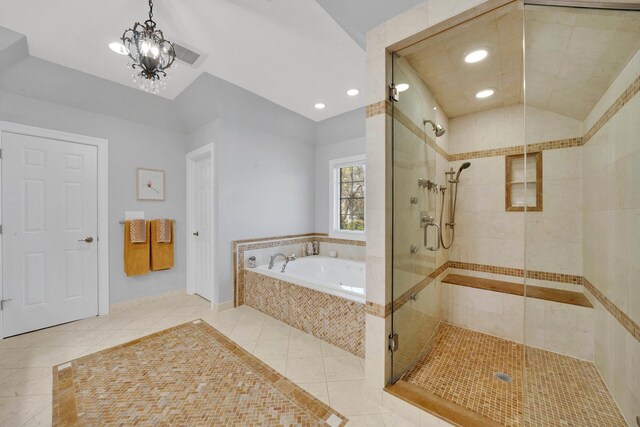 610 Greendale Rd, Glenview, IL 60025 - full bath featuring tile patterned flooring, a garden tub, a stall shower, recessed lighting, and a chandelier