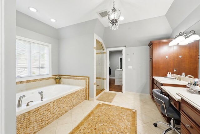 610 Greendale Rd, Glenview, IL 60025 - full bathroom with vanity, tile patterned flooring, a bath, a shower stall, and lofted ceiling