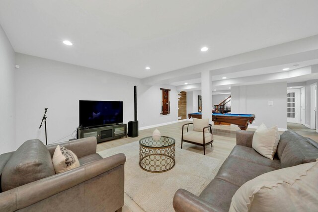 610 Greendale Rd, Glenview, IL 60025 - living room featuring pool table, light wood-type flooring, recessed lighting, baseboards, and stairway