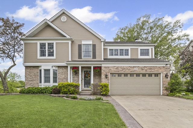 1086 Brighton Dr, Carol Stream, IL 60188 - traditional-style home with driveway, brick siding, a front lawn, an attached garage, and a chimney
