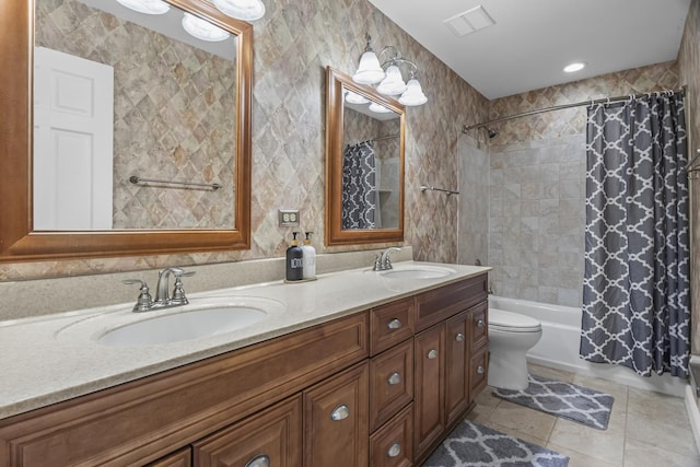 1086 Brighton Dr, Carol Stream, IL 60188 - bathroom with double vanity, toilet, shower / bathtub combination with curtain, and tile patterned floors
