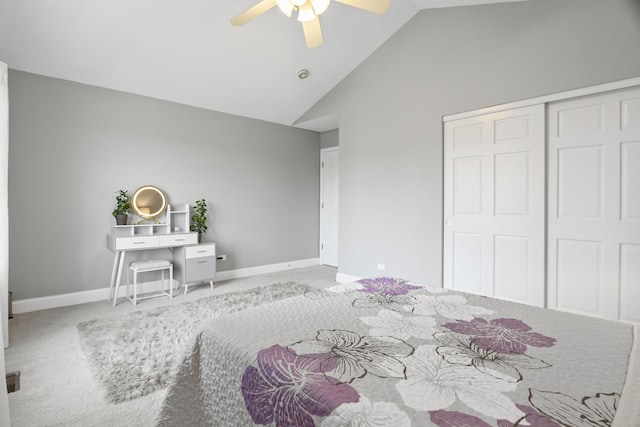 1086 Brighton Dr, Carol Stream, IL 60188 - carpeted bedroom featuring a closet, baseboards, a ceiling fan, and high vaulted ceiling