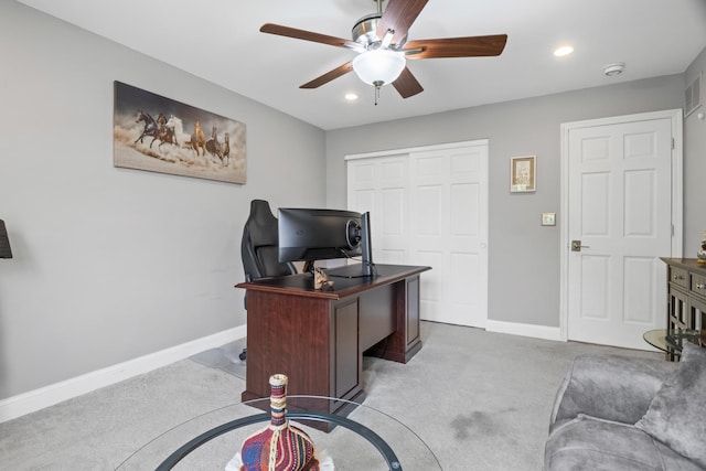 1086 Brighton Dr, Carol Stream, IL 60188 - office area featuring ceiling fan, light carpet, baseboards, and recessed lighting