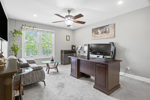 1086 Brighton Dr, Carol Stream, IL 60188 - office with baseboards, light colored carpet, ceiling fan, and recessed lighting