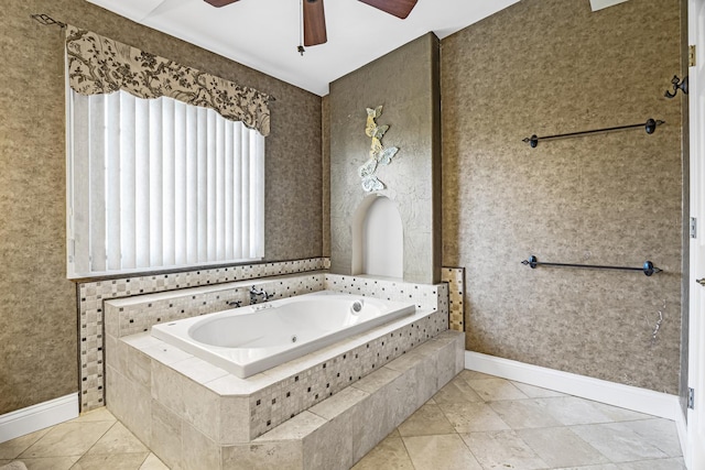 1086 Brighton Dr, Carol Stream, IL 60188 - bathroom with a whirlpool tub, baseboards, a ceiling fan, and tile patterned floors