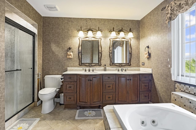 1086 Brighton Dr, Carol Stream, IL 60188 - full bathroom featuring plenty of natural light, double vanity, a whirlpool tub, and a shower stall