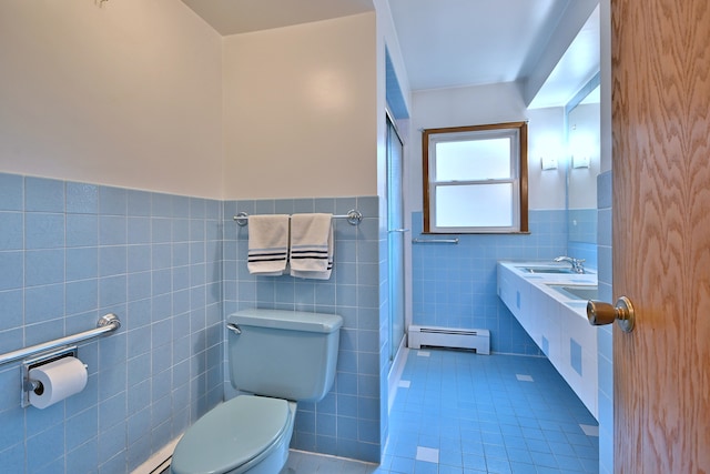 2808 Struckman Ave, River Grove, IL 60171 - full bath featuring tile walls, a baseboard radiator, tile patterned floors, a stall shower, and wainscoting