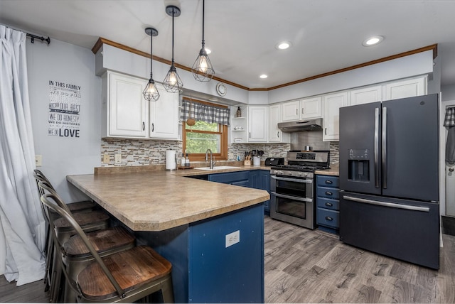 2655 N 3853rd Rd, Sheridan, IL 60551 - kitchen featuring black fridge with ice dispenser, range with two ovens, blue cabinetry, under cabinet range hood, and white cabinetry