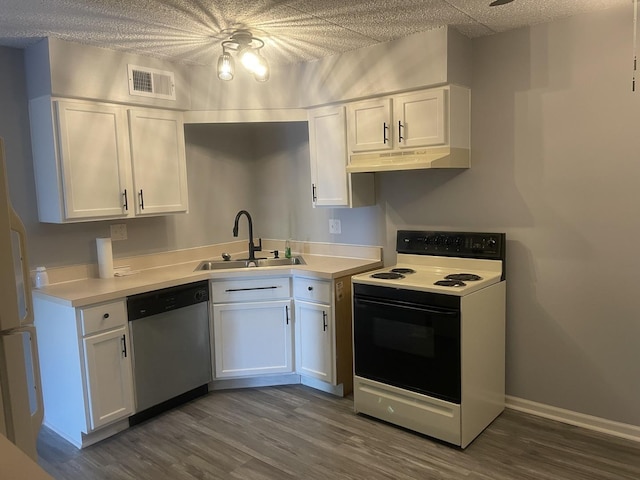 1616 Richmond Cir Unit 101, Joliet, IL 60435 - kitchen featuring range with electric cooktop, stainless steel dishwasher, a sink, under cabinet range hood, and white cabinets