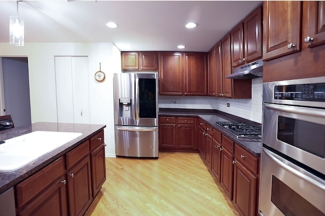 910 S Michigan Ave Unit 1805, Chicago, IL 60605 - kitchen with stainless steel appliances, under cabinet range hood, light wood-style floors, decorative backsplash, and hanging light fixtures