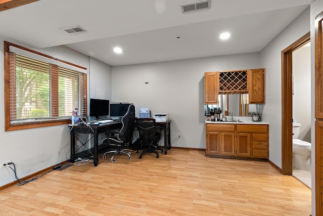 9254 Windsor Pkwy, Tinley Park, IL 60487 - office featuring light wood-type flooring, bar with sink, baseboards, and recessed lighting